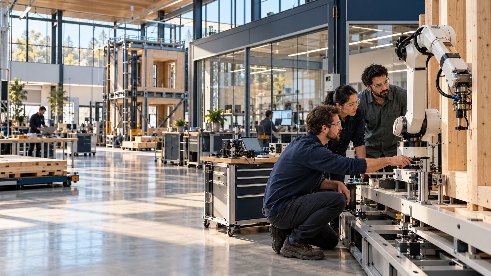Illustrative robotics and modular-production laboratory with engineers